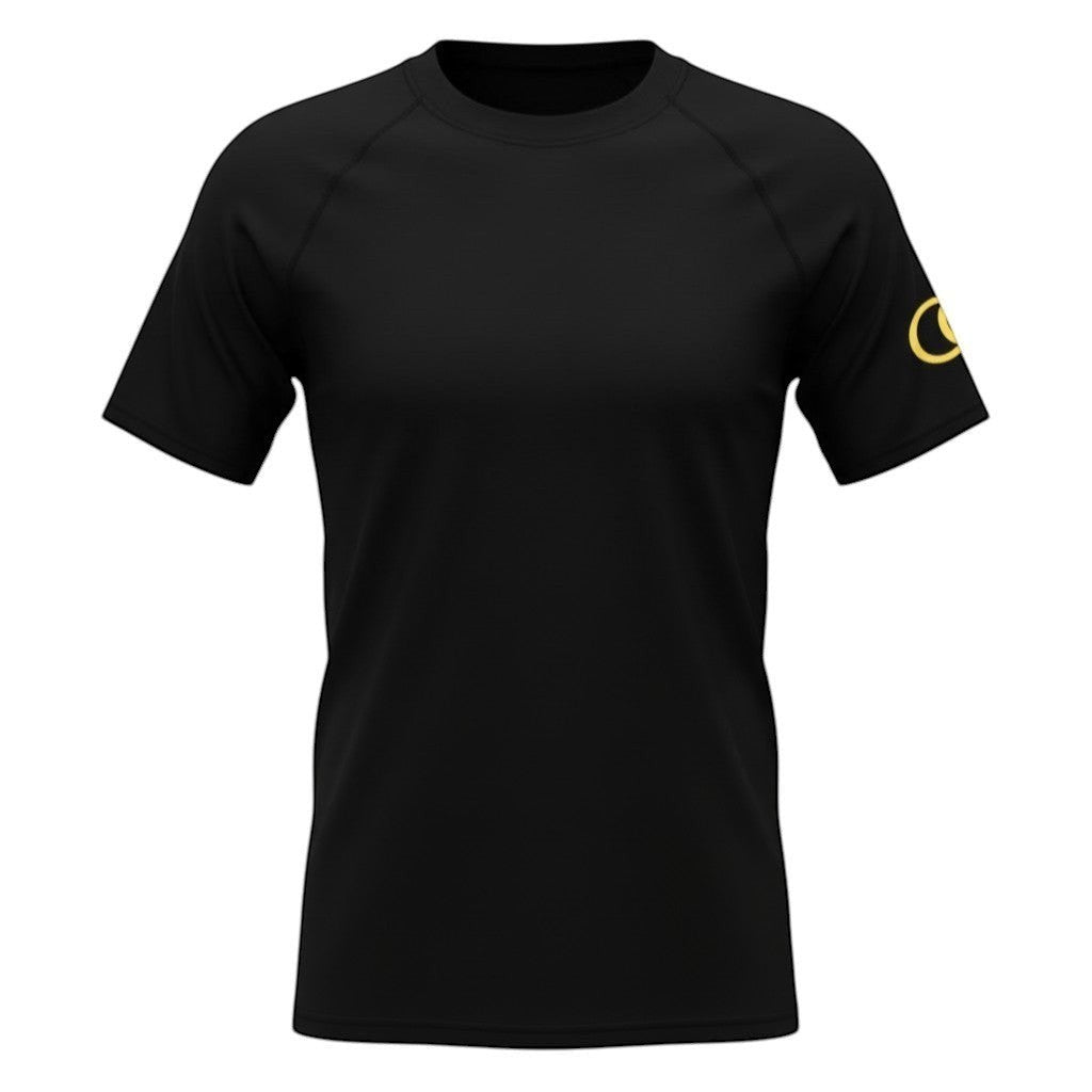 The Jawn Jitsu Shop Men's OG black short sleeve rash guard with yellow crescent moon logo on sleeve. Moisture-wicking UPF 50+.