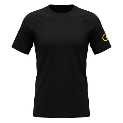 The Jawn Jitsu Shop Men's OG black short sleeve rash guard with yellow crescent moon logo on sleeve. Moisture-wicking UPF 50+.