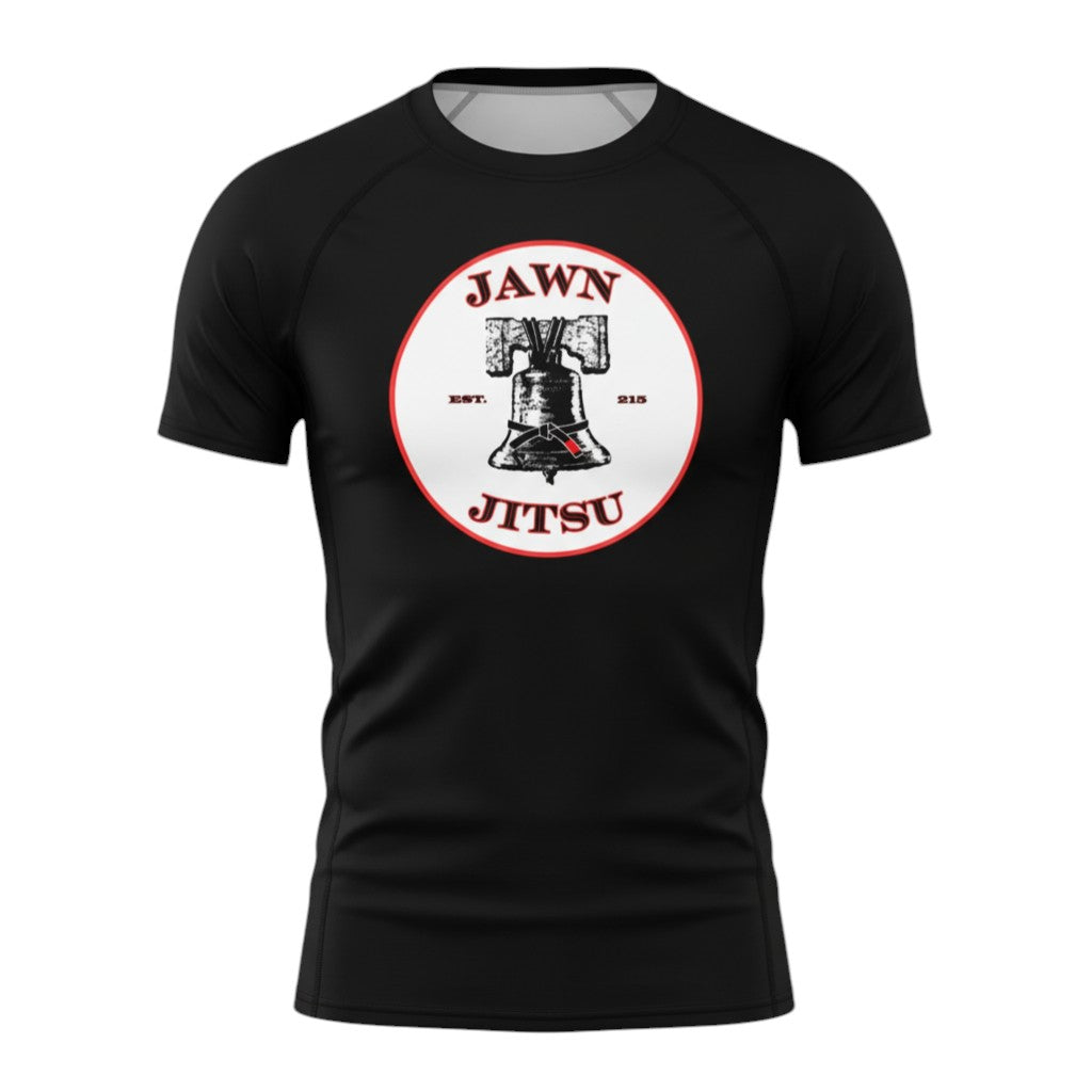 The Jawn Jitsu Shop Men's black short sleeve rash guard with Liberty Bell and black belt logo. Moisture-wicking, UPF 50+.